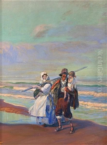 Familia En La Playa De La Malvarrosa Oil Painting by Jose Mongrell Torrent