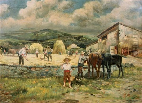 Travaux Des Champs Oil Painting by Jose Mongrell Torrent