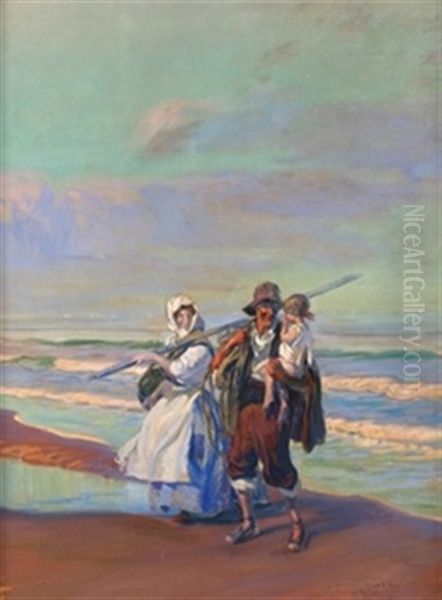 Familia En La Playa De La Malvarrosa Oil Painting by Jose Mongrell Torrent