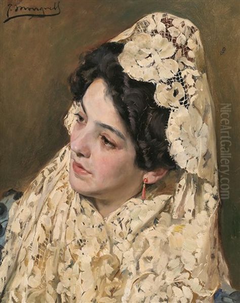 Joven Con Mantilla Oil Painting by Jose Mongrell Torrent