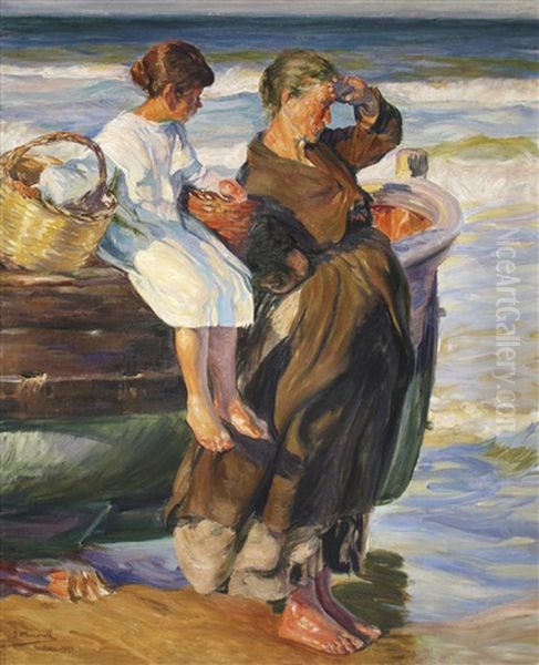 Mujer Y Nina En La Playa De Cullera Oil Painting by Jose Mongrell Torrent