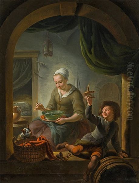 A Young Woman And A Boy With A Mousetrap In An Interior Oil Painting by Louis de Moni