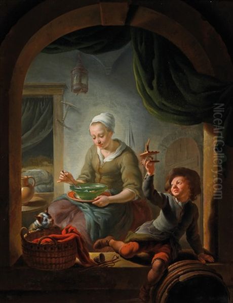 A Young Woman And A Boy With A Mousetrap In An Interior Oil Painting by Louis de Moni