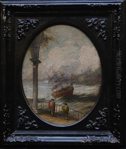 Tall Sailing Ship In Rough Waters Oil Painting by Louis de Moni