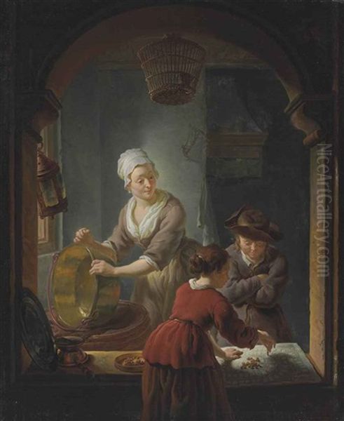 An Interior With A Kitchen Maid Cleaning A Copper Pot And A Youth And Young Woman Playing Jeu De L'oie Oil Painting by Louis de Moni