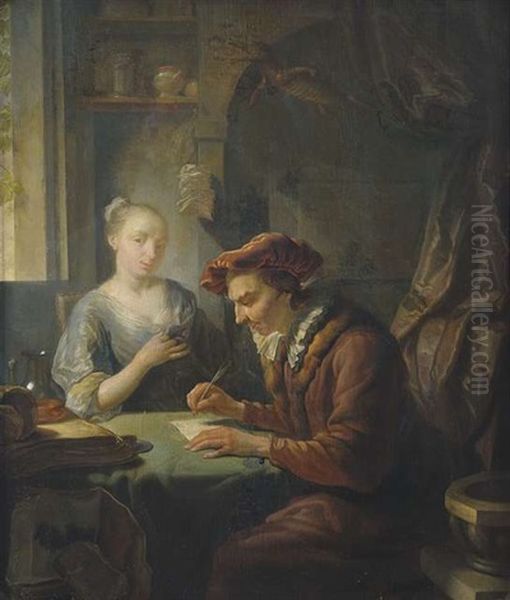 Interieur Mit Junger Frau Und Einem Schreiber Mit Samtbarett Und Pelzkragen An Einem Tisch Oil Painting by Louis de Moni