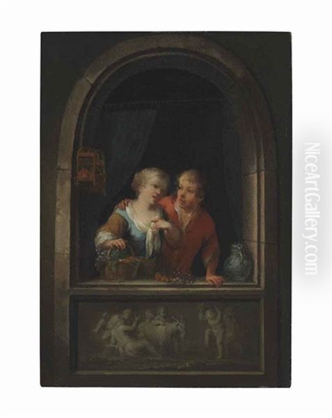 A Young Couple At A Window With A Classical Relief Oil Painting by Louis de Moni