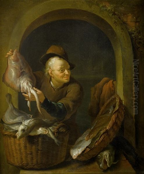 A Fish Seller, Within A Painted Stone Niche Oil Painting by Louis de Moni