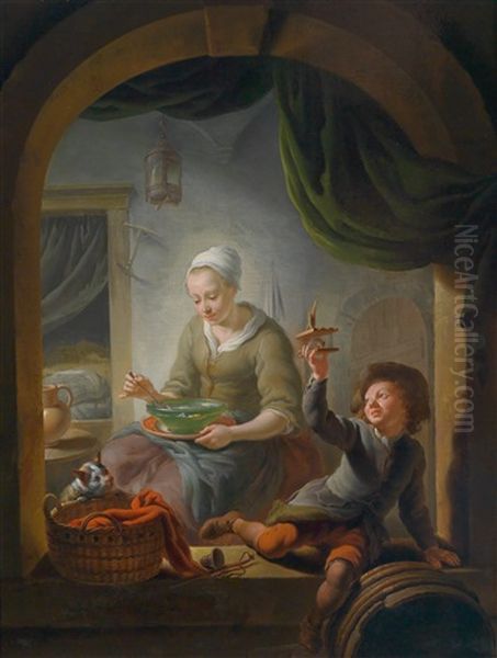 Interieur Mit Einer Jungen Frau Und Einem Knaben Mit Einer Mausefalle by Louis de Moni