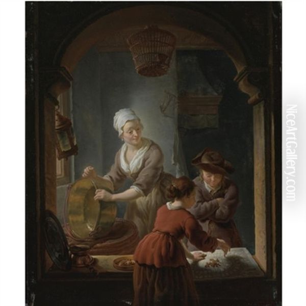 An Interior With A Kitchen Maid Cleaning A Copper Pot And A Youth And Young Woman Playing Jeu De L'oie Oil Painting by Louis de Moni