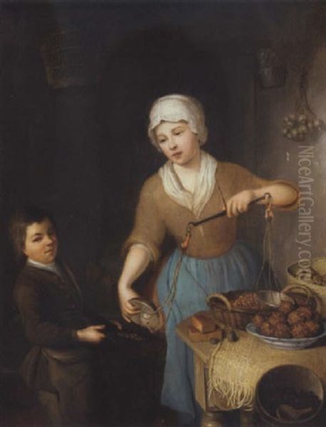 A Woman Weighing Hazelnuts With A Boy In A Kitchen Oil Painting by Louis de Moni