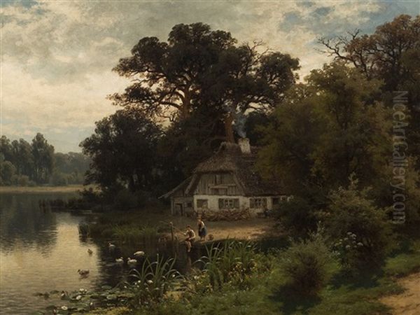 Cottage By The Lakeside Oil Painting by Julius Monien