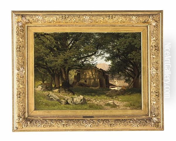 Bauernhauser Im Wald In Der Bayrischen Ramsau Oil Painting by Julius Monien