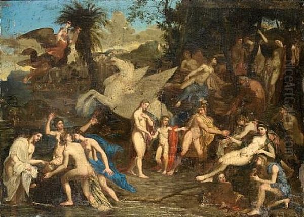 Pegasus Amongst The Muses On Mount Parnassus Oil Painting by Pierre Monier