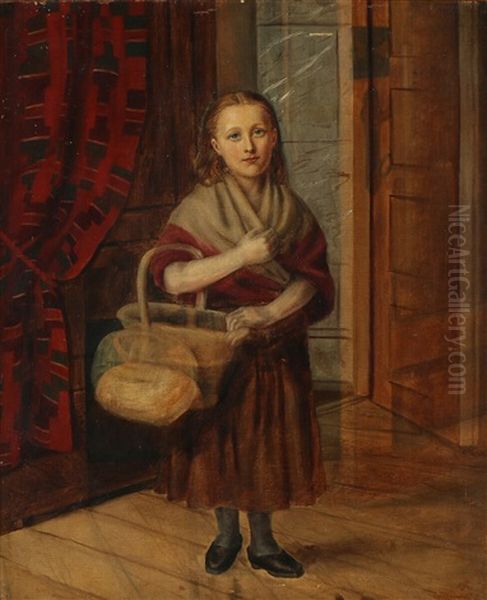 A Little Girl Carrying A Basket Of Goods Oil Painting by David Monies