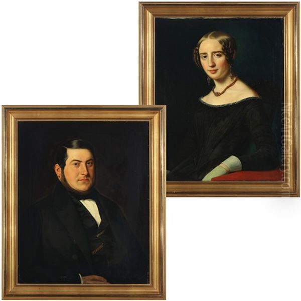 A Pair Of Portraits Of Shipbroker Carl Heinrich Hochbrandt (1811-1866) And His Wife Louise, Nee Burmeister Oil Painting by David Monies