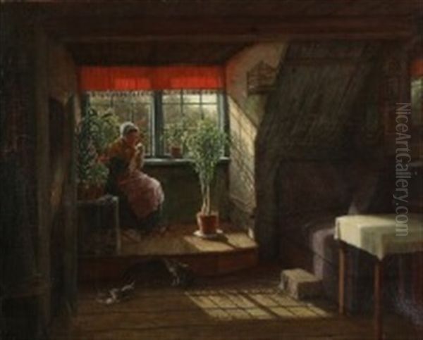 Interior With An Old Lady Knitting By The Window Oil Painting by David Monies