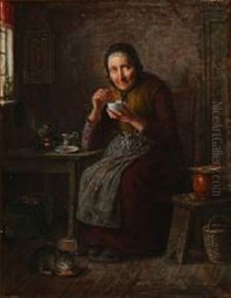 An Old Woman Drinking Tea And The Cat Are Having Milk Oil Painting by David Monies