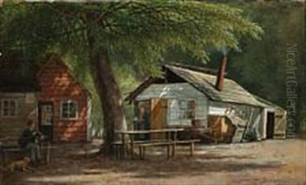 Wooden Houses In A Forest Clearing Oil Painting by David Monies