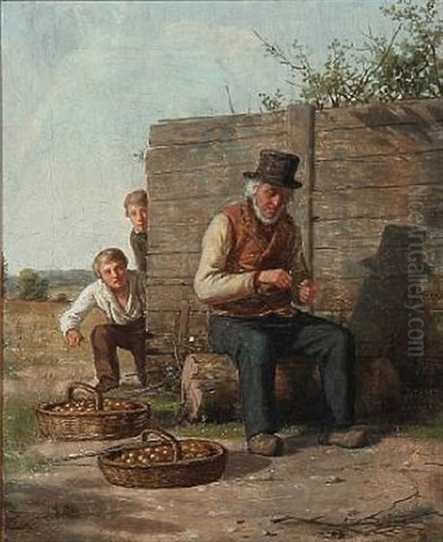 Two Boys Stealing Apples, While Older Man Is Taking A Rest And Rolls A Cigarette by David Monies