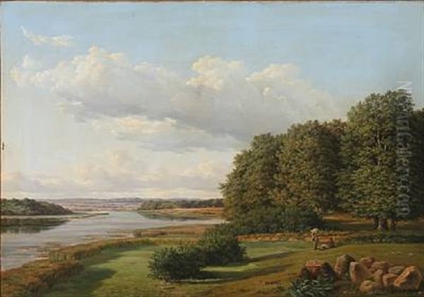 Danish Summer Landscape With A View Towards A Fiord Oil Painting by David Monies