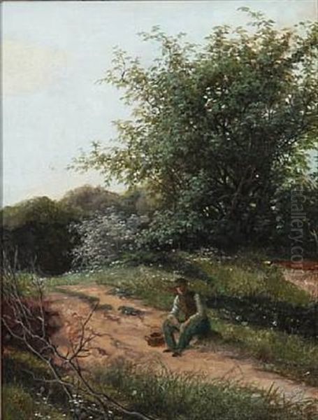 A Wanderer Resting On A Forest Road Oil Painting by David Monies