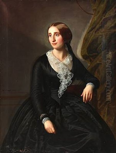 Portrait Of An Actress At The Royal. Theatre Mrs. Erhardine Adolphine Hansen (1815-1893) Wearing Black Dress With White Fichu And Jewelry Oil Painting by David Monies