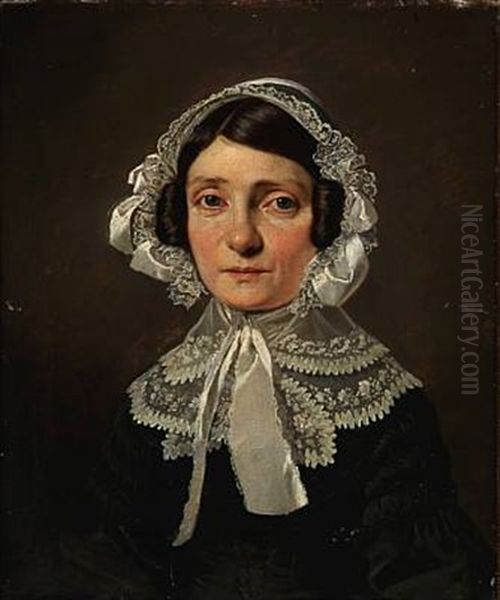 Portrait Of Mrs. Eckegreen In A Black Dress With White Collar And Bonnet Oil Painting by David Monies