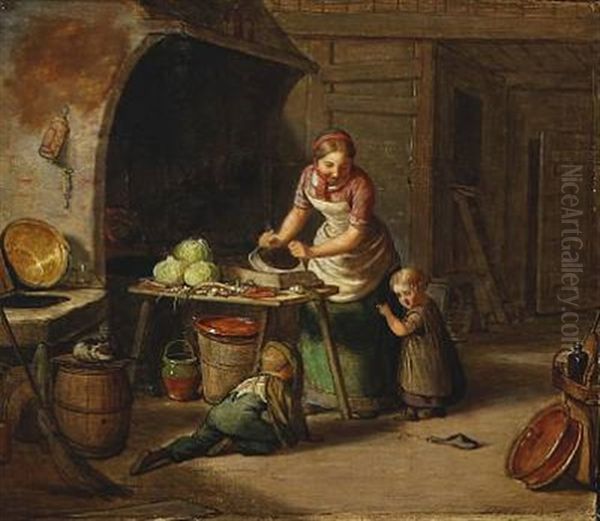 A Mother In The Kitchen While The Children Are Playing by David Monies