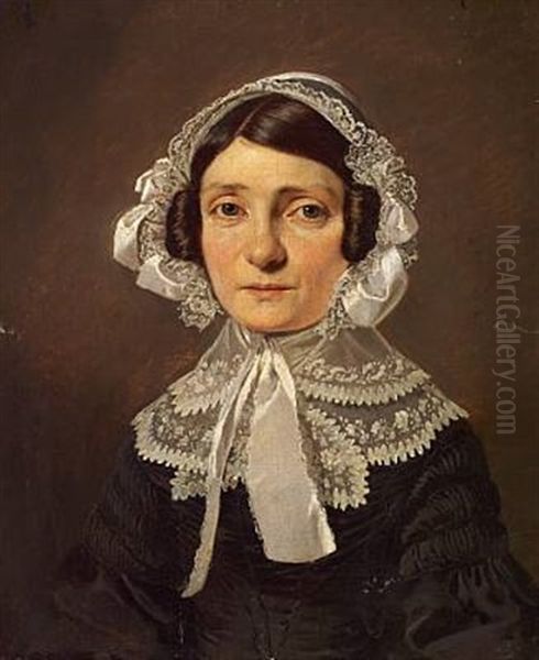 Portrait Of Mrs. Eckegreen In A Black Dress With White Collar And Bonnet Oil Painting by David Monies