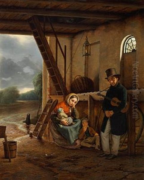 A Wandering Singer And His Family Seeking Shelter From The Rain Oil Painting by David Monies