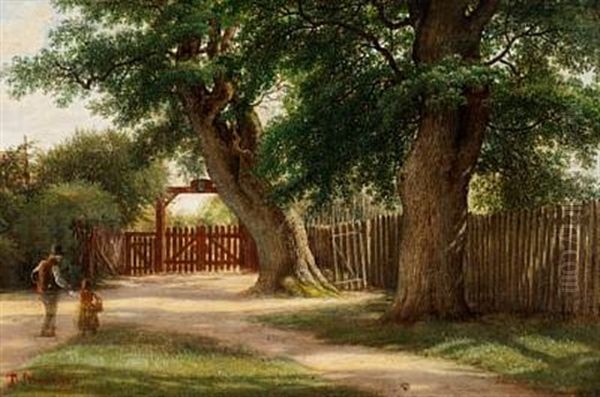 A Grandfather And His Little Grandchild At One Of The Red Gates Of Dyrehaven (the Deer Garden) North Of Copenhagen Oil Painting by David Monies