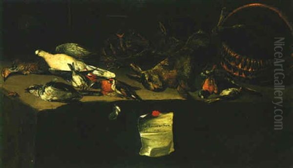 A Still Life Of Various Birds, A Bird's Nest, Hares, A Basket And Insects, All On A Stone Ledge Oil Painting by Pieter Moninckx