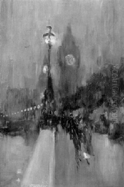 Figures On The Embankment With Big Ben And The Palace Of Westminster Beyond Oil Painting by William Monk