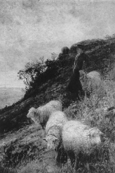 Shepherdess And Sheep In A Coastal Pasture Oil Painting by John Austin Sands Monks