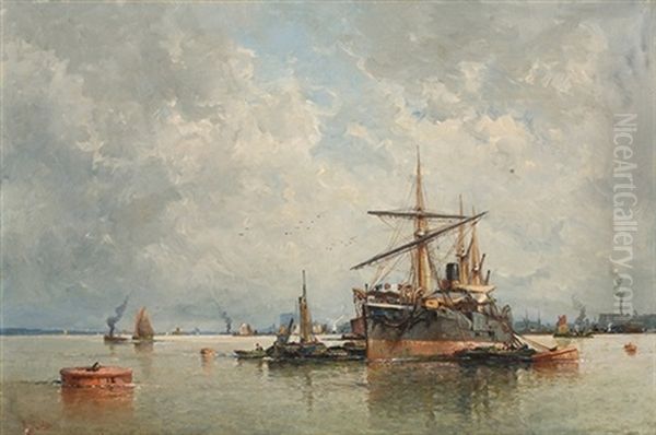 Barcos En La Bahia Oil Painting by Raphael Monleon y Torres