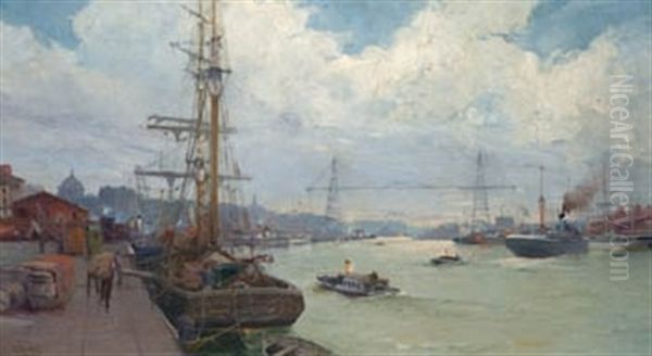 Ria De Bilbao Oil Painting by Raphael Monleon y Torres