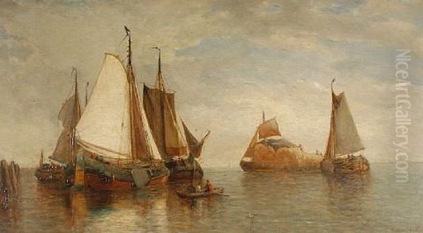 Vessels In A Harbour Oil Painting by Raphael Monleon y Torres