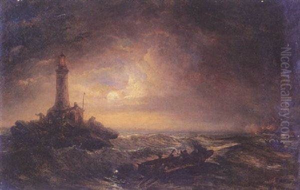 Tormenta De Noche En El Faro Oil Painting by Raphael Monleon y Torres