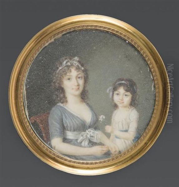 Portrait D'une Mere Et Son Enfant, Assise, En Robe De Soie Grise, Ce Dernier En Robe De Voile Blanc Lui Offrant Une Fleur Oil Painting by  Monmergue