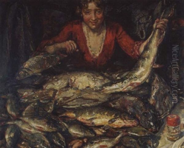 Die Fischverkauferin Oil Painting by Martin Monnickendam