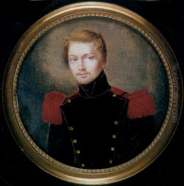 A Soldier Of The French Engineers, His Dark Blue Coat With Red Epaulettes. Black Lapels And Facings Piped With Red Oil Painting by Philippe Monnier