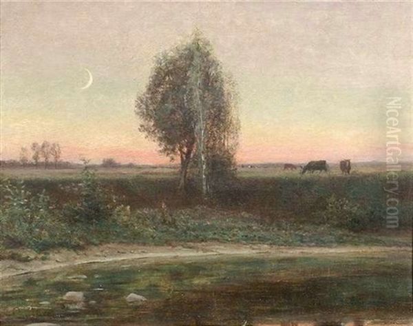 Blick Uber Einen Schmalen Flus In Eine Weite Landschaft Im Abendrot Oil Painting by Charles Monnier