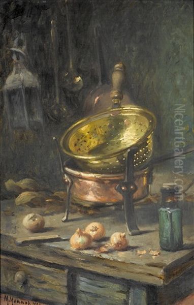 Stillleben Mit Zwiebeln, Kupfer- Und Messinggeschirr by Maurice Louis Monnot