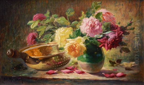 Still Life With Roses And A Colander On A Table Oil Painting by Maurice Louis Monnot