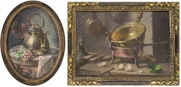 Radishes And A Kettle On A Table (+ A Colander And Saucepan With A Knife And Eggshells To The Side; 2 Works) Oil Painting by Maurice Louis Monnot