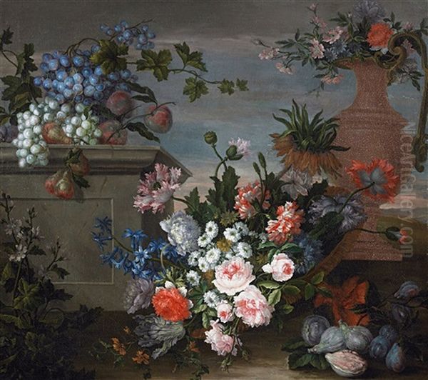 Still Life With Flowers And Fruit Oil Painting by Antoine Monnoyer