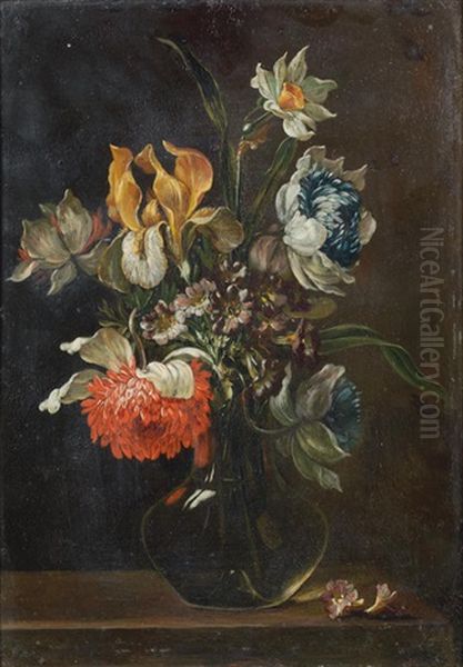 An Iris, Auriculas And Other Flowers In A Glass Vase On A Table-top In A Carved Frame Oil Painting by Antoine Monnoyer