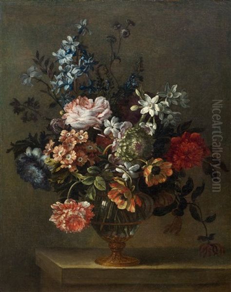 Flower Bouquet In A Glass Vase Oil Painting by Antoine Monnoyer