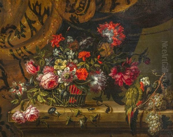 Corbeille De Fleurs Et Perroquet Sur Un Entablement Oil Painting by Antoine Monnoyer